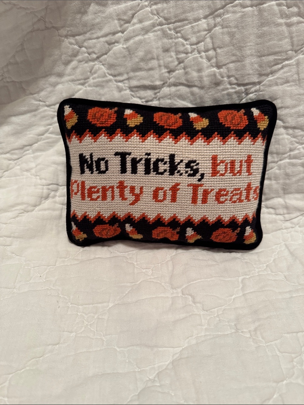 No Tricks But Plenty of Treats Halloween Needlepoint Pillow